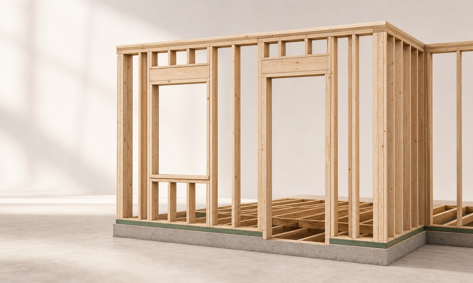 Architectural 3D view of a timber-framed residential wall with window and door openings